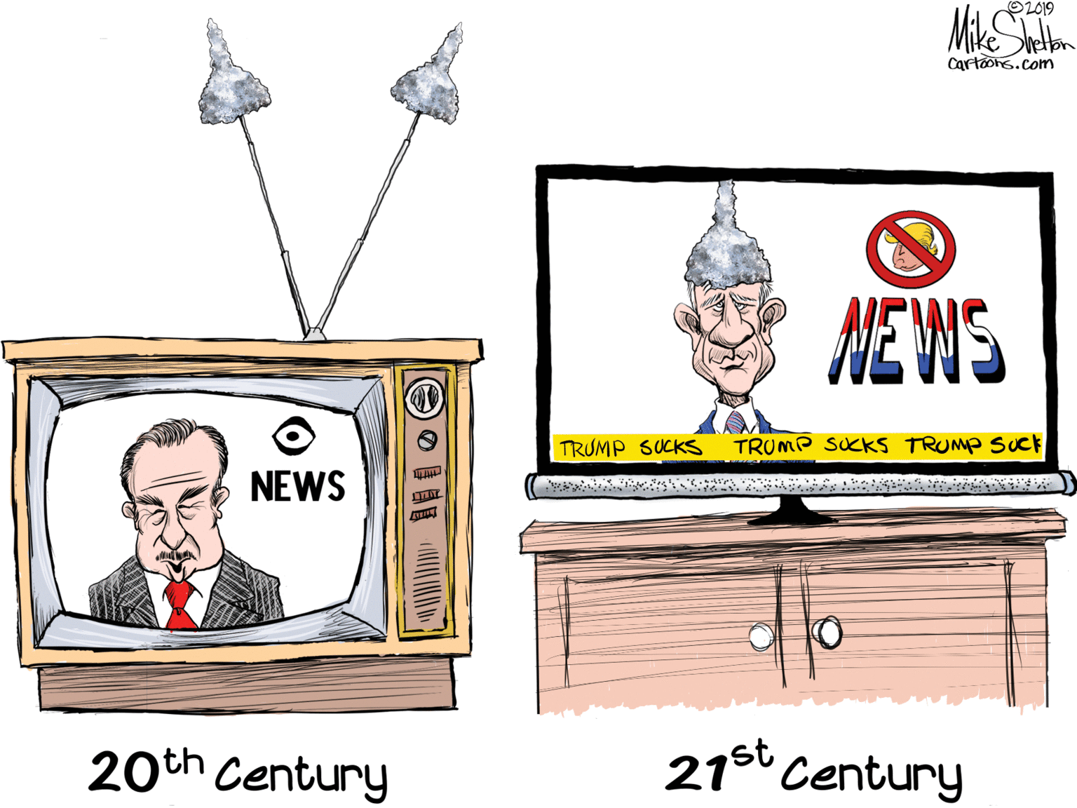 Illustration OCR: O2019 Cartoons.com NEWS TRUMP SUCKS TRUMP SUCKS TRUMP SuCk NEWS 20th Century 216 Century ? O2019 Cartoons.com NEWS TRUMP SUCKS TRUMP SUCKS TRUMP SuCk NEWS 20th Century 216 Century ?