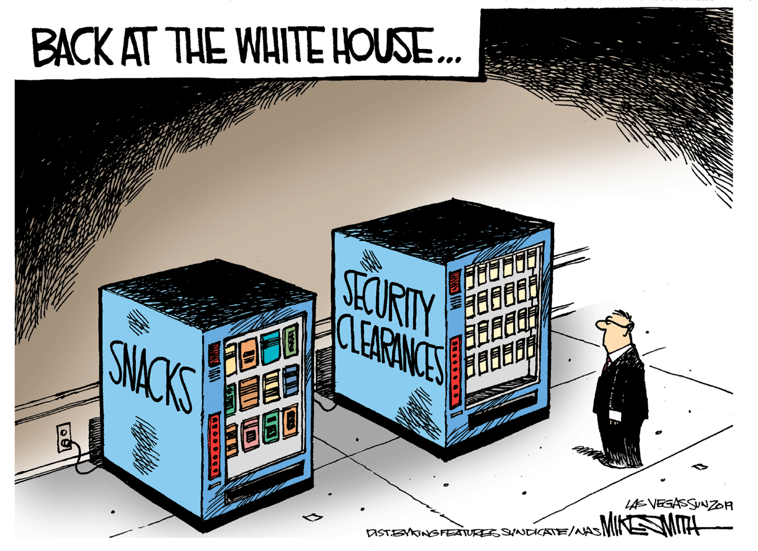 Graphic design OCR: BACK AT THE WHITE HOUSE.. STCURTY CLEARANCES SNACKS LÆ VEGASSUNZOA DISTEVKINGFEATURES SINDICATE/NA BACK AT THE WHITE HOUSE.. STCURTY CLEARANCES SNACKS LÆ VEGASSUNZOA DISTEVKINGFEATURES SINDICATE/NA