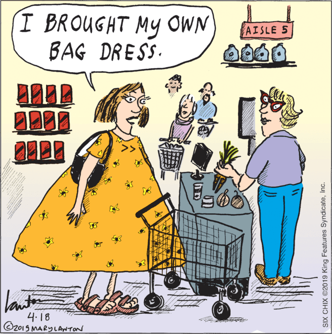 Rectangle OCR: I BROUGHT MY OWN BAG DRESS. AISLE 5 4.18 O2015 MARYLAwtaN SIX CHIX ©2019 King Features SyndicateInc. I BROUGHT MY OWN BAG DRESS. AISLE 5 4.18 O2015 MARYLAwtaN SIX CHIX ©2019 King Features Syndicate