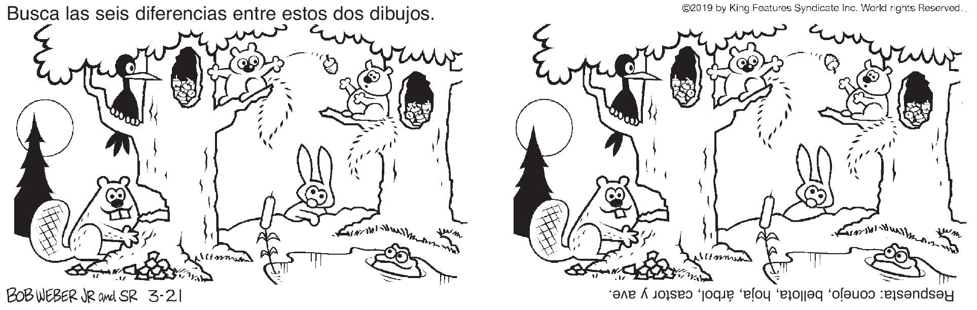 Jaw OCR: Busca las seis diferencias entre estos dos dibujos. ©2019 by King Features Syndicate Inc. Workd rights Reserved. BOB WEBER JR omd SR 3-21 Respuesta: conejocastor y ave. Busca las seis diferencias entre estos dos dibujos. ©2019 by King Features Syndicate Inc. Workd rights Reserved. BOB WEBER JR omd SR 3-21 Respuesta: conejocastor y ave.