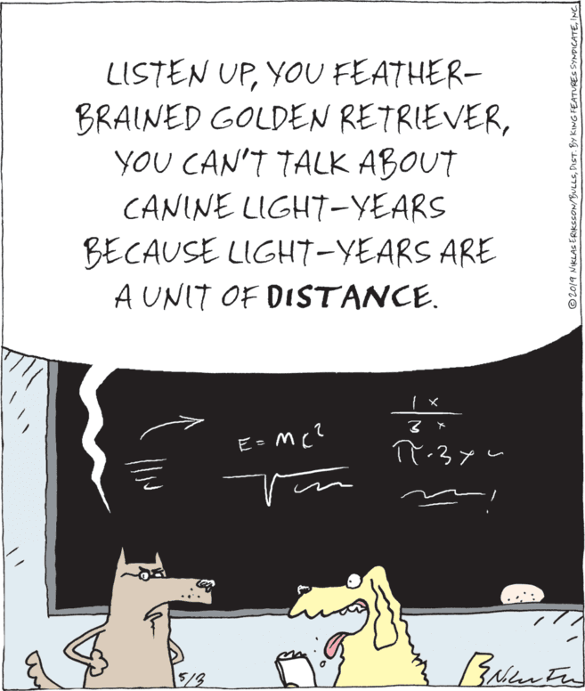 Drawing OCR: LISTEN UPYOU FEATHER- BRAINED GOLDEN RETRIEVERYOU CAN'T TALK ABOUT CANINE LIGHT-YEARS BECAUSE LIGH7-YEARS ARE A UNIT OF DISTANCE. E= Mc? © 2019 NIKLAS ERIKSSON/BULLSINC LISTEN UPYOU FEATHER- BRAINED GOLDEN RETRIEVERYOU CAN'T TALK ABOUT CANINE LIGHT-YEARS BECAUSE LIGH7-YEARS ARE A UNIT OF DISTANCE. E= Mc? © 2019 NIKLAS ERIKSSON/BULLSDIST. BY KING FEATVRES SYNDICATE