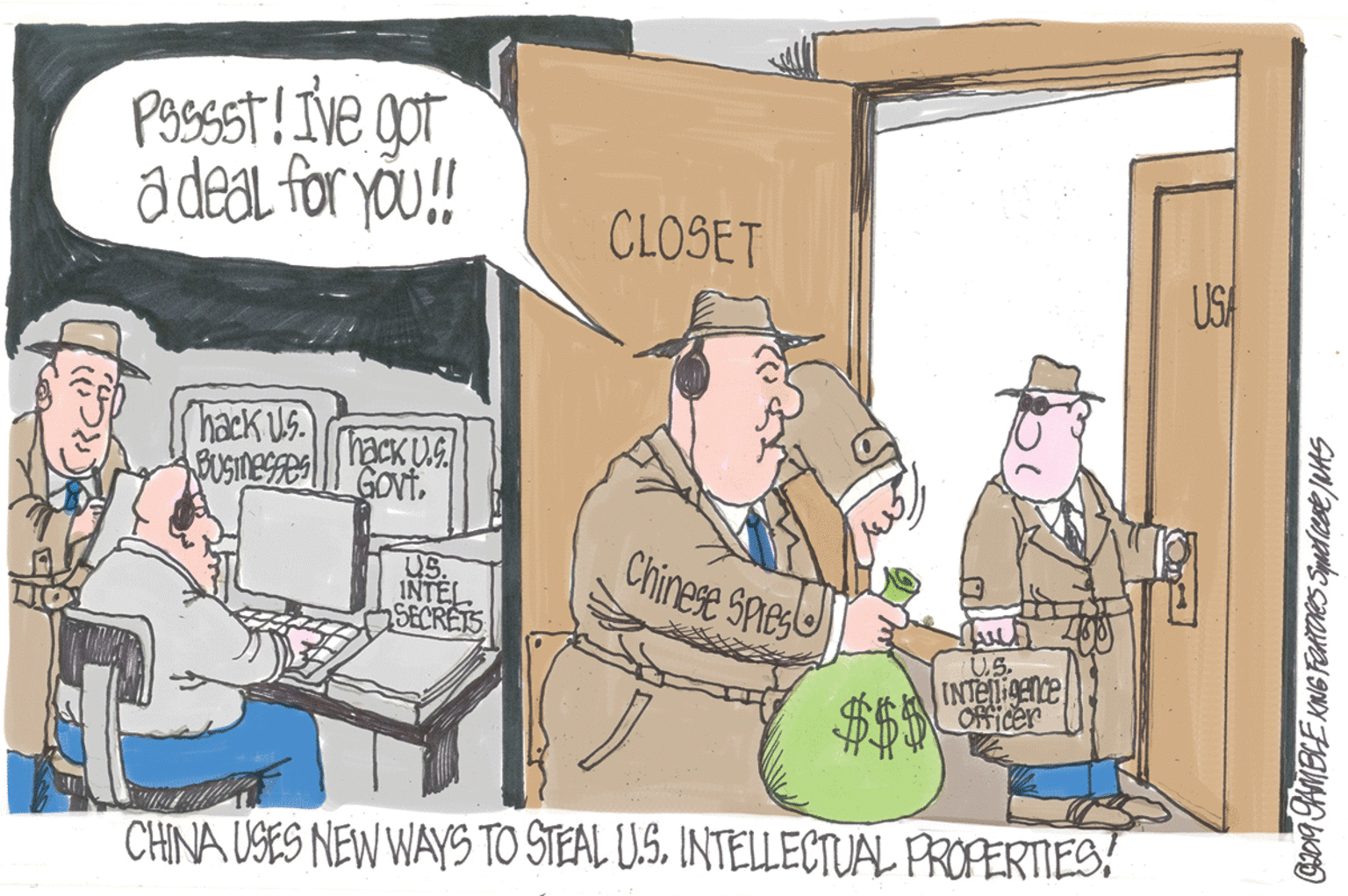 Conversation OCR: Passt! Ive gor a deal for yõu! CLOSET USA hack Us. hack U.G US. INTEL SECRETS Chinese Spies US. INTEENE ORficer CHINA USES NEW WAYS TO STEAL U.S. INTELLECTUAL PROPERTIES? Passt! Ive gor a deal for yõu! CLOSET USA hack Us. hack U.G US. INTEL SECRETS Chinese Spies US. INTEENE ORficer CHINA USES NEW WAYS TO STEAL U.S. INTELLECTUAL PROPERTIES?