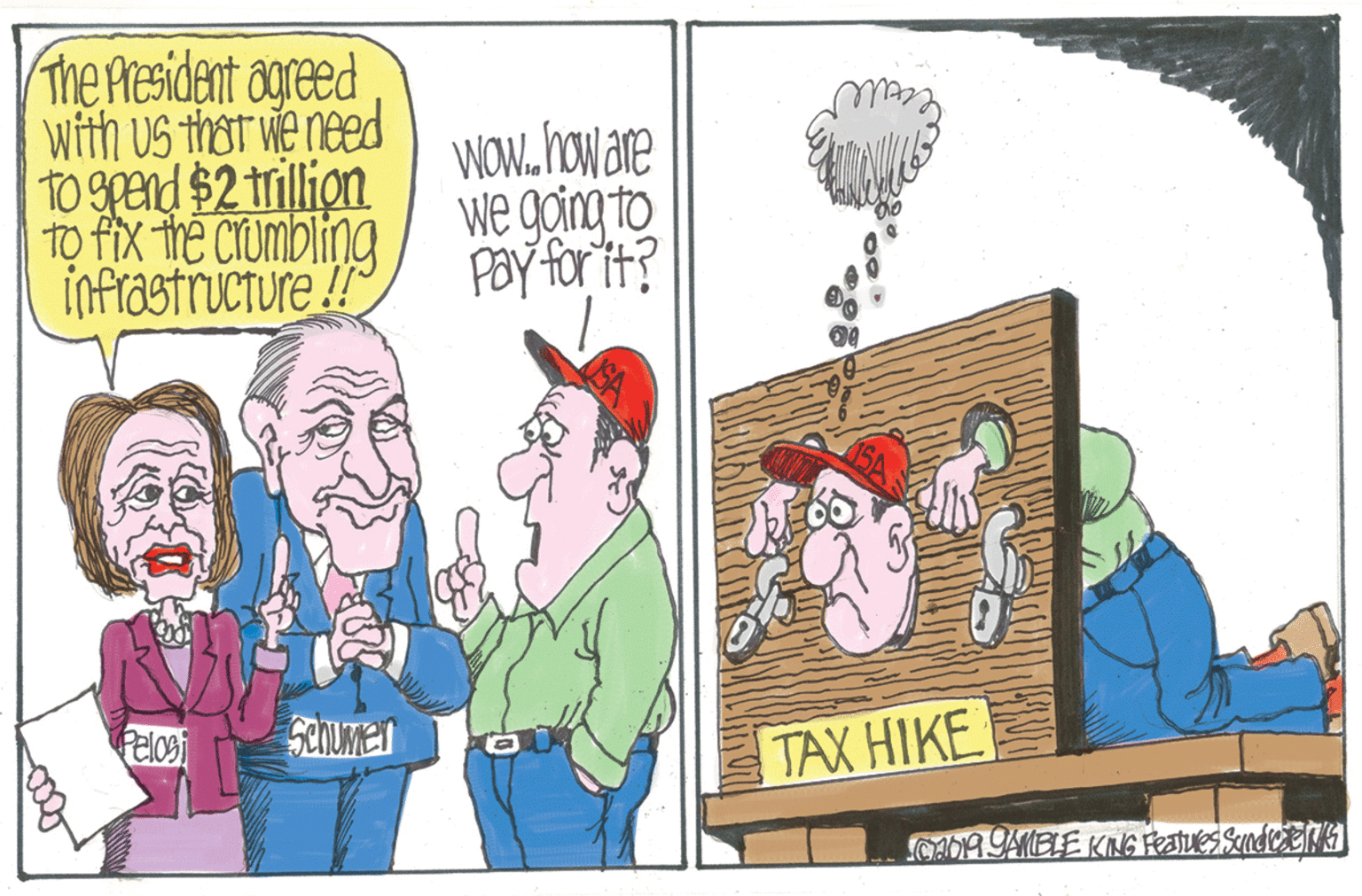 Illustration OCR: The President agreed with Us that we need TO SPEnd $2 trillion To fix the crumblinag infrastruciure !! WOWL. YOWW are we going to PaYfort? Pelosi TAX HIKE CADA YAMBLE KNG Featues SondctN The President agreed with Us that we need TO SPEnd $2 trillion To fix the crumblinag infrastruciure !! WOWL. YOWW are we going to PaYfort? Pelosi TAX HIKE CADA YAMBLE KNG Featues SondctN