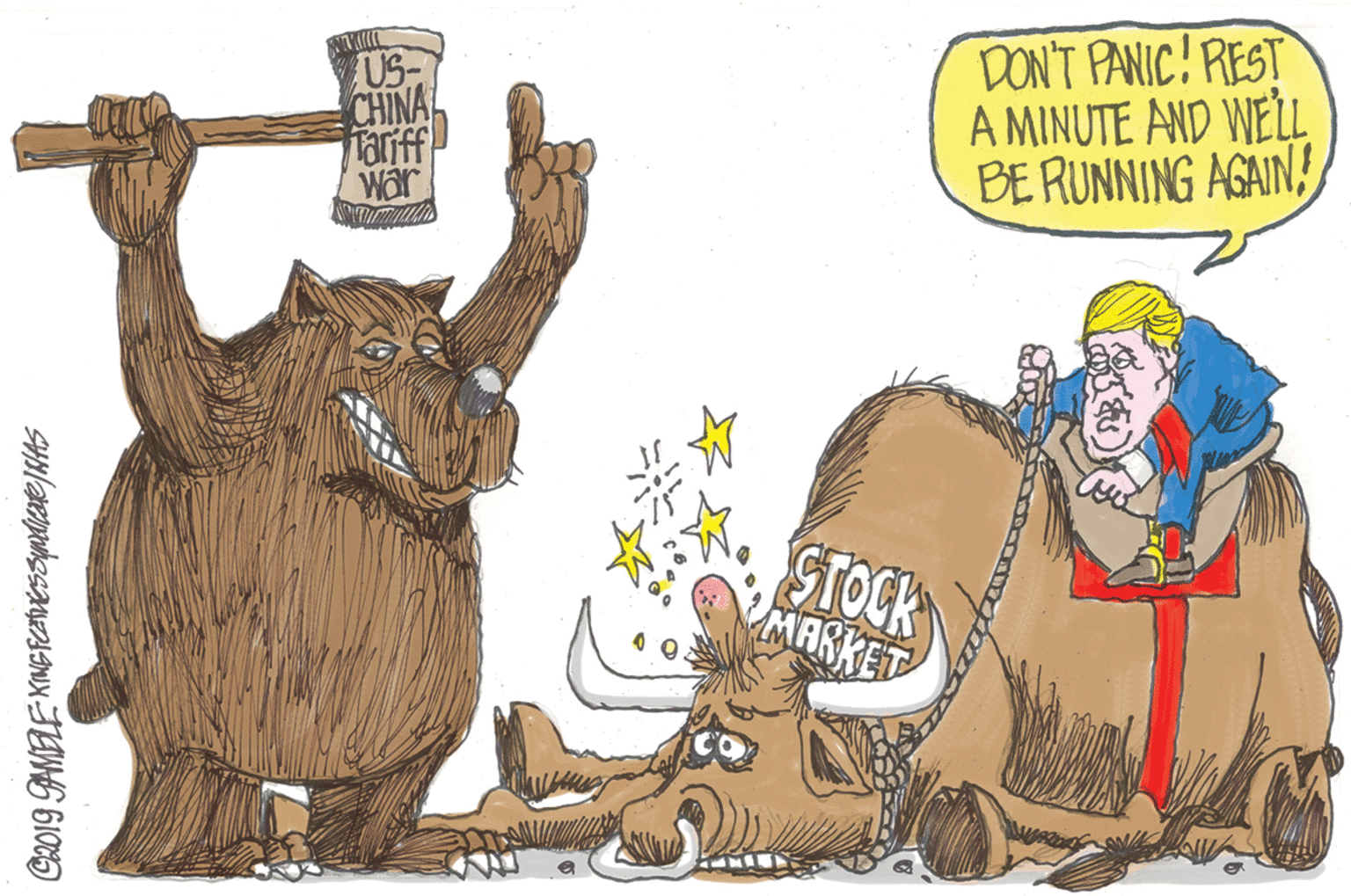 Illustration OCR: US- CHINA Tariff War DON'T PANIC! REST A MINUTE AND WELL BE RUNNING AGAIN! **. STOCK MARKET US- CHINA Tariff War DON'T PANIC! REST A MINUTE AND WELL BE RUNNING AGAIN! **. STOCK MARKET
