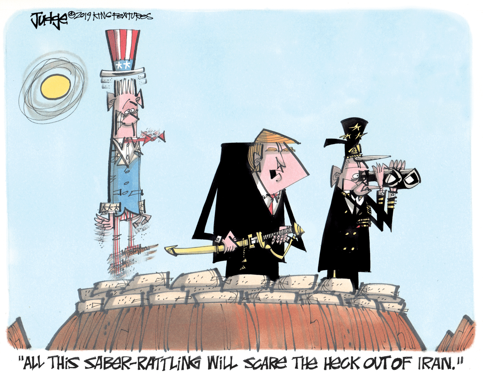 Costume hat OCR: "ALL THIS SABER-RATTLING WIL SCARE THE Heck OUTOF IRAN." "ALL THIS SABER-RATTLING WIL SCARE THE Heck OUTOF IRAN.