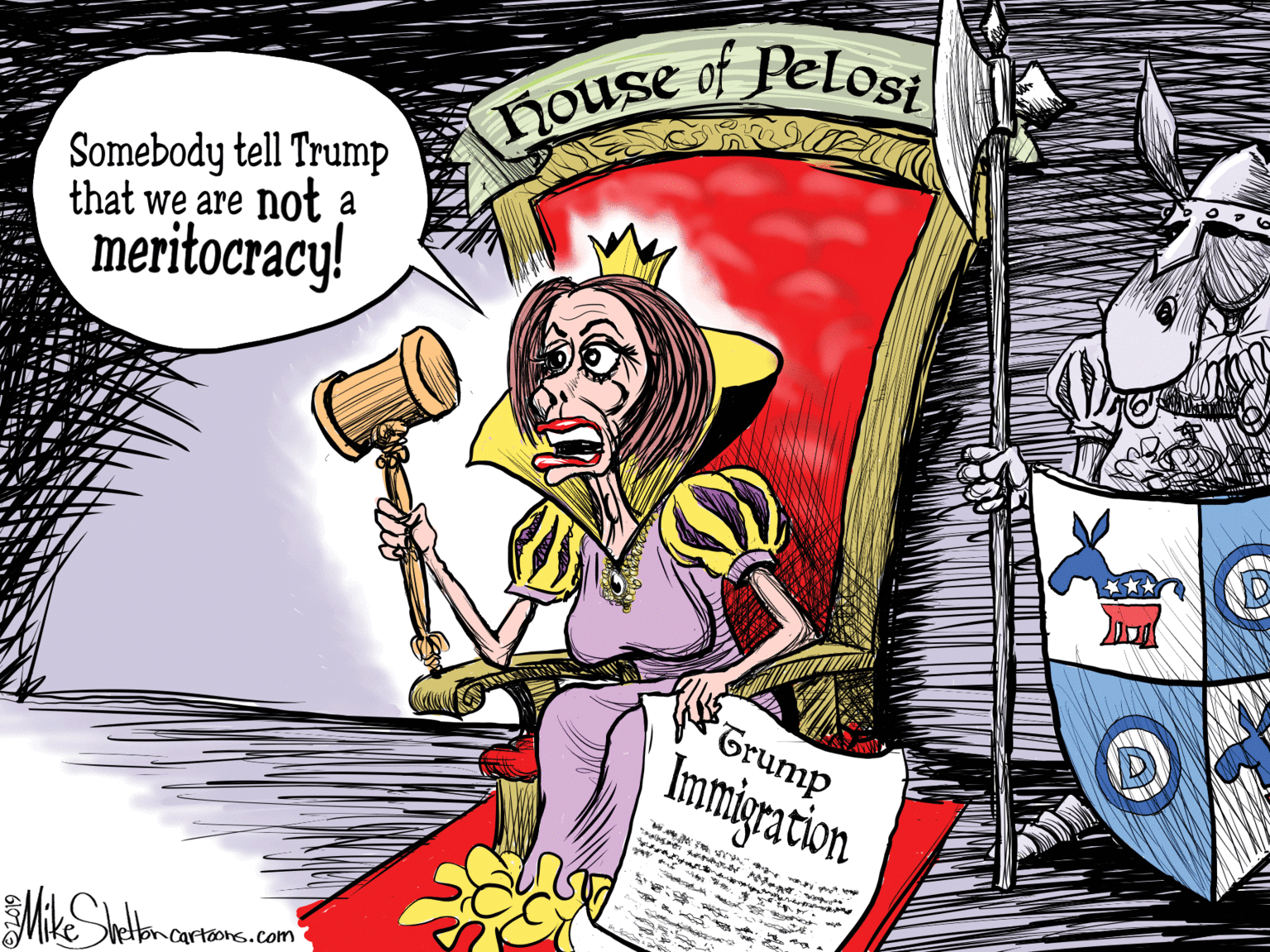 Design OCR: House of Pelosi Somebody tell Trump that we are not a meritocracy! Grump Immigration yot AShetpn cartoons.com House of Pelosi Somebody tell Trump that we are not a meritocracy! Grump Immigration yot AShetpn cartoons.com
