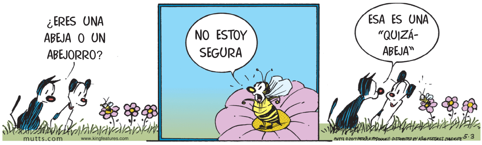 Honeybee OCR: ¿ ERES UNA ABEJA O UN ESA ES UNA "QUIZÁ- NO ESTOY ABEJORRO? SEGURA ABEJA" mutts.com www.kingfeatures.com ¿ ERES UNA ABEJA O UN ESA ES UNA "QUIZÁ- NO ESTOY ABEJORRO? SEGURA ABEJA" mutts.com www.kingfeatures.com