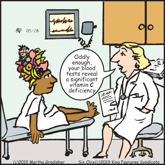 Animated cartoon OCR: MG 05/28 Oddly enoughyour blood tests reveal a significant vitamin C deficiency (c)2019 Martha Gradisher Six Chix(c)2019 King Fearures Syndicate MG 05/28 Oddly enoughyour blood tests reveal a significant vitamin C deficiency (c)2019 Martha Gradisher Six Chix(c)2019 King Fearures Syndicate