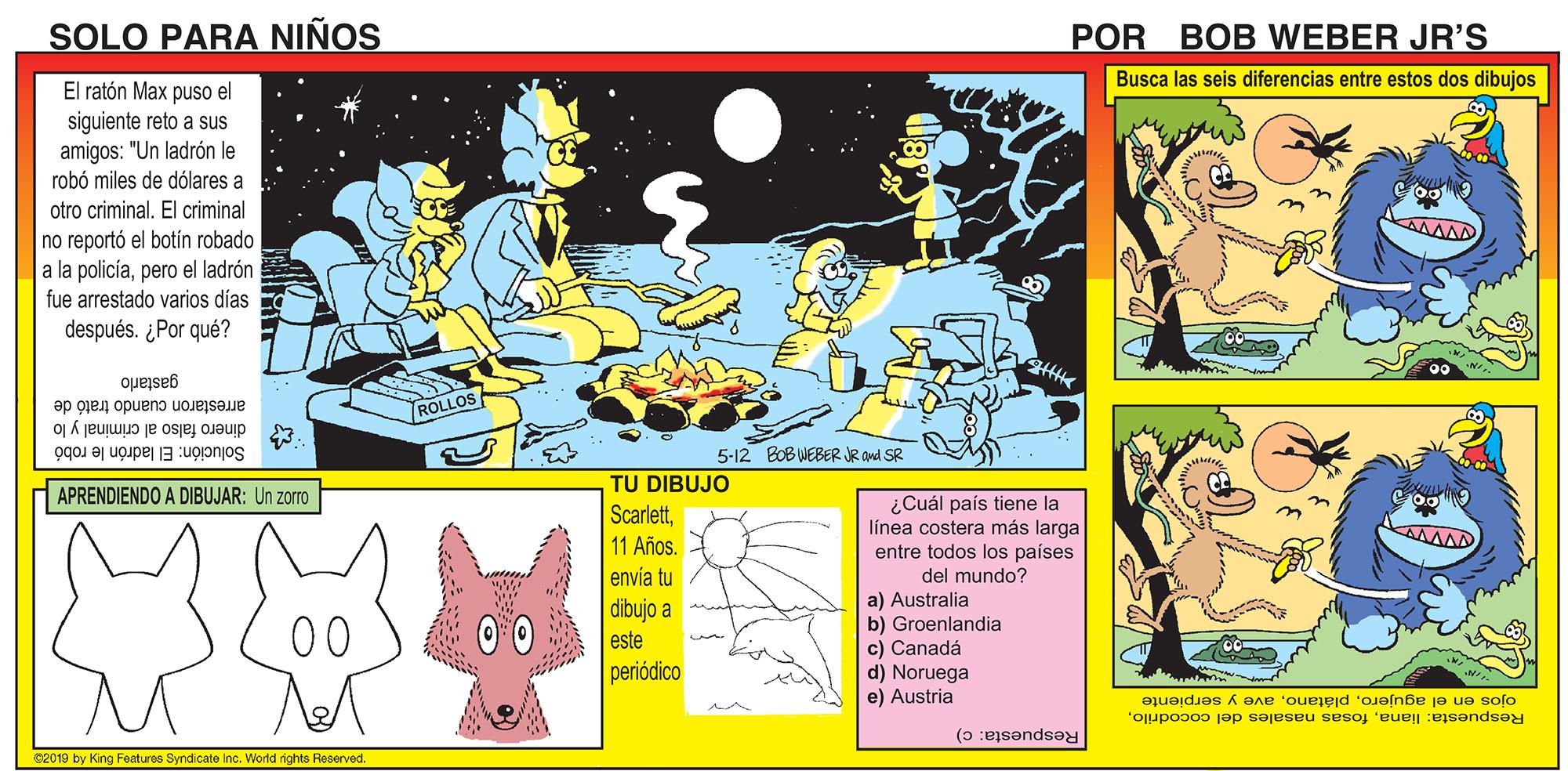 Astronomical object OCR: SOLO PARA NIÑOS POR BOB WEBER JR'S Busca las seis diferencias entre estos dos dibujos El ratón Max puso el siguiente reto a sus amigos: "Un ladrón le robó miles de dólares a otro criminal. El criminal no reportó el botín robado a la policiapero el ladrón fue arrestado varios días n después. ¿Por qué? gastarlo arrestaron cuando trató de ROLLOS dinero falso al criminal y lo Solución: El ladrón le robó 5-12 BOB WEBER JR and SR TU DIBUJO Scarlett11 Años. envía tu APRENDIENDO A DIBUJAR: Un zorro ¿Cuál país tiene la línea costera más larga entre todos los paises del mundo? a) Australia b) Groenlandia c) Canadá d) Noruega e) Austria dibujo a 00 este periódico ojos en el agujeroave y serpiente Respuesta: lianaRespuesta: c) e2019 by King Features Syndicate Inc. World rights Reserved. SOLO PARA NIÑOS POR BOB WEBER JR'S Busca las seis diferencias entre estos dos dibujos El ratón Max puso el siguiente reto a sus amigos: "Un ladrón le robó miles de dólares a otro criminal. El criminal no reportó el botín robado a la policiapero el ladrón fue arrestado varios días n después. ¿Por qué? gastarlo arrestaron cuando trató de ROLLOS dinero falso al criminal y lo Solución: El ladrón le robó 5-12 BOB WEBER JR and SR TU DIBUJO Scarlett11 Años. envía tu APRENDIENDO A DIBUJAR: Un zorro ¿Cuál país tiene la línea costera más larga entre todos los paises del mundo? a) Australia b) Groenlandia c) Canadá d) Noruega e) Austria dibujo a 00 este periódico ojos en el agujeroave y serpiente Respuesta: lianafosas nasales del cocodriloRespuesta: c) e2019 by King Features Syndicate Inc. World rights Reserved.