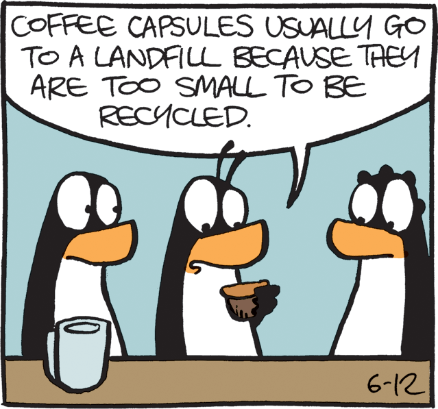 Clip art OCR: COFFEE CAPSULES USUALLY GO TO A LANDALL BECAUSE TAEY ARE TOO SMALL TO BE RECYCLED. 6-12 COFFEE CAPSULES USUALLY GO TO A LANDALL BECAUSE TAEY ARE TOO SMALL TO BE RECYCLED. 6-12