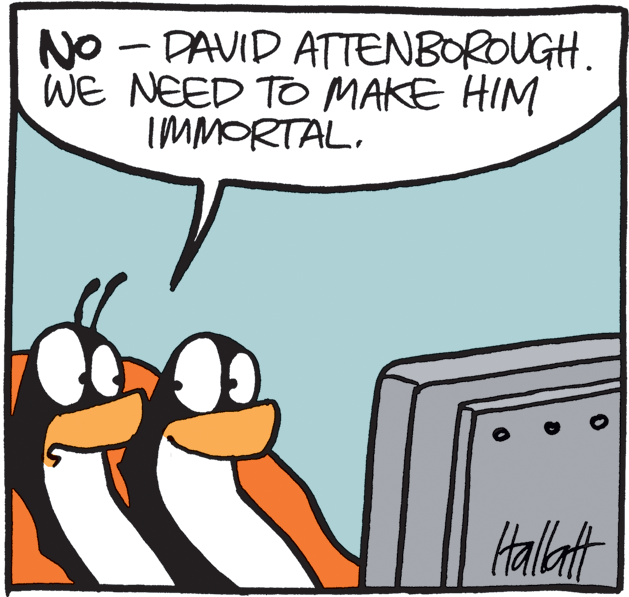 Animated cartoon OCR: No - PAVID ATTENBOROUGH. WE NEED TO MAKE HIM IMMORTALHallat No - PAVID ATTENBOROUGH. WE NEED TO MAKE HIM IMMORTAL