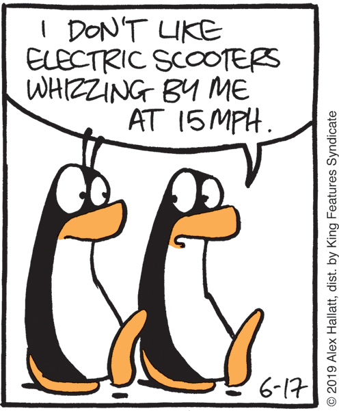 Tail OCR: I DON'T UKE ELECTRIC SCOTERS WHIZZING BY ME AT 15MPH. 6-17 © 2019 Alex Hallattdist. by King Features Syndicate I DON'T UKE ELECTRIC SCOTERS WHIZZING BY ME AT 15MPH. 6-17 © 2019 Alex Hallattdist. by King Features Syndicate