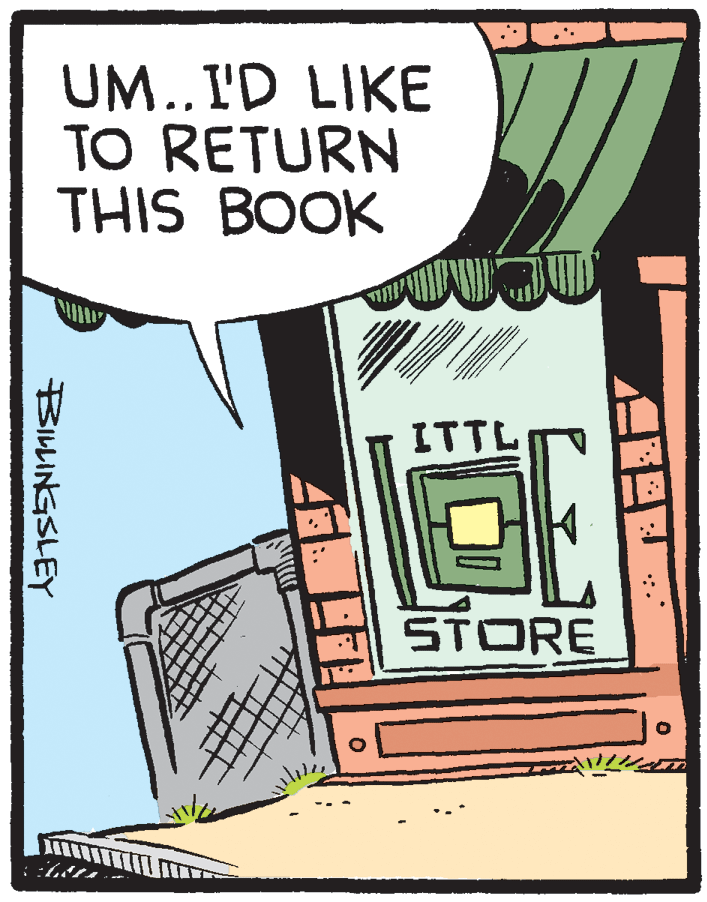 Line art OCR: UM.. I'D LIKE TO RETURN THIS BOOK ITTL STORE BILLINGSLEY UM.. I'D LIKE TO RETURN THIS BOOK ITTL STORE BILLINGSLEY