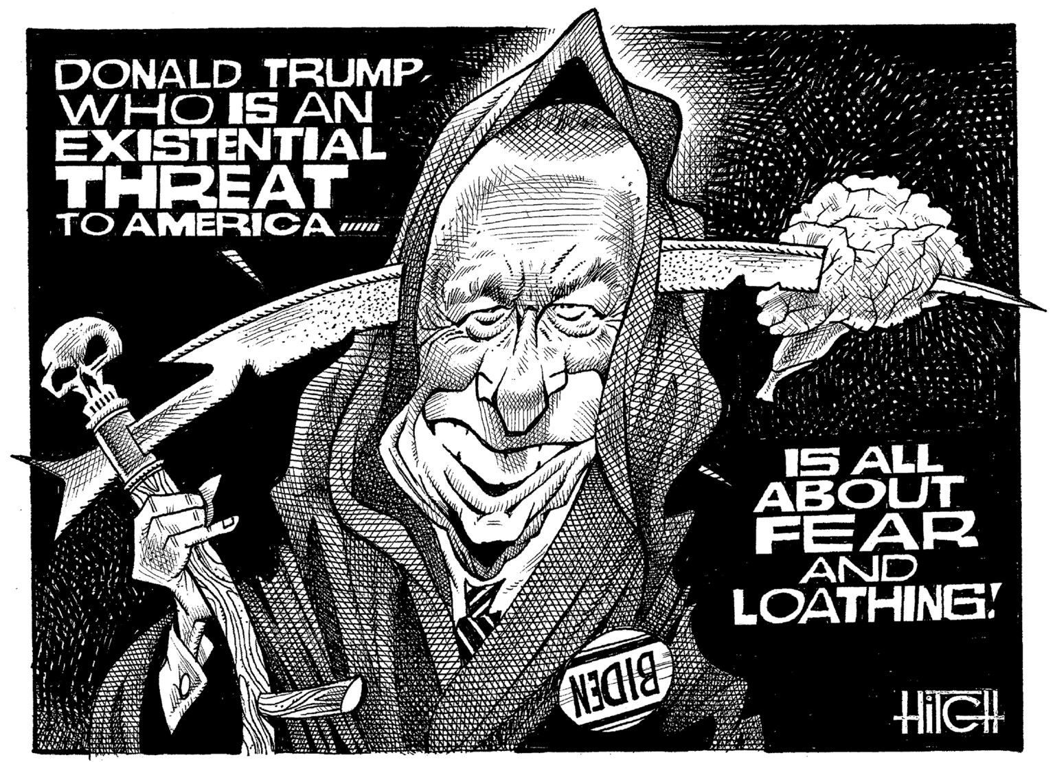 Photo caption OCR: DONALD TRUMP. WHO IS AN EXISTENTIAL THREAT TO AMERICA ui 15 ALL ABOUT FEAR AND LOATHING! BIDEN DONALD TRUMP. WHO IS AN EXISTENTIAL THREAT TO AMERICA ui 15 ALL ABOUT FEAR AND LOATHING! BIDEN