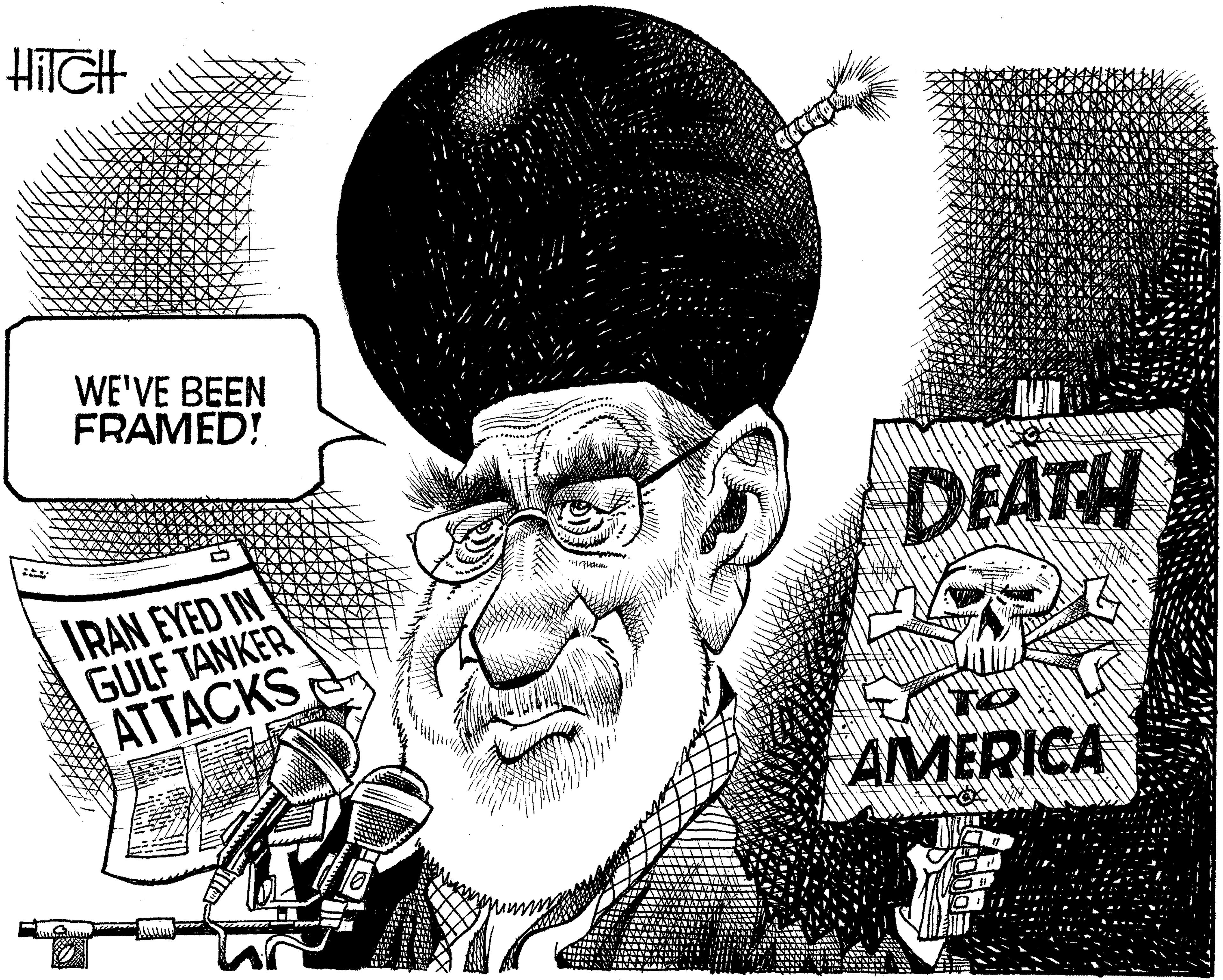 Illustration OCR: HIIGH WE'VE BEEN FRAMED! DEATH IRAN EYED IN GULF TANKER ATTACKS AMERICA HIIGH WE'VE BEEN FRAMED! DEATH IRAN EYED IN GULF TANKER ATTACKS AMERICA