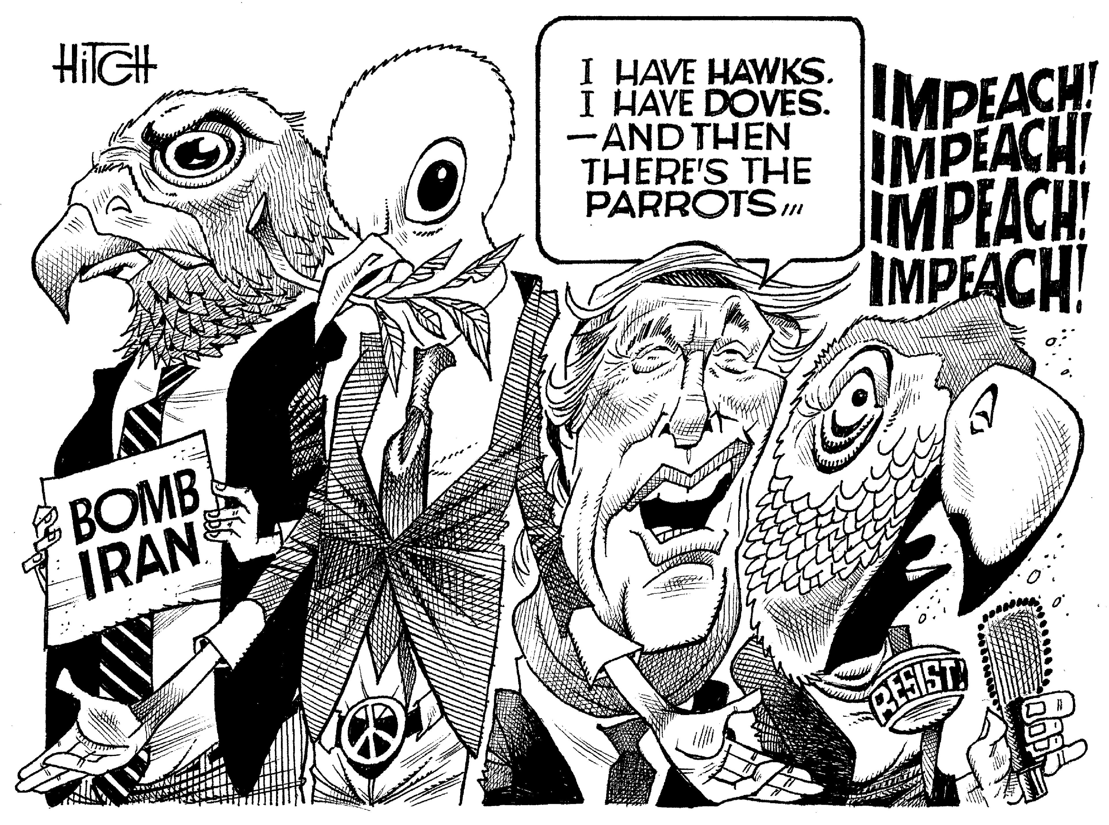 Monochrome OCR: HilGH I HAVE HAWKS. I HAVE DOVES. -AND THEN THERE'S THE PARROTS IMPEACH! IMPEACH! JMPEACH IMPEACH! BOMB IRAN RESIST HilGH I HAVE HAWKS. I HAVE DOVES. -AND THEN THERE'S THE PARROTS IMPEACH! IMPEACH! JMPEACH IMPEACH! BOMB IRAN RESIST