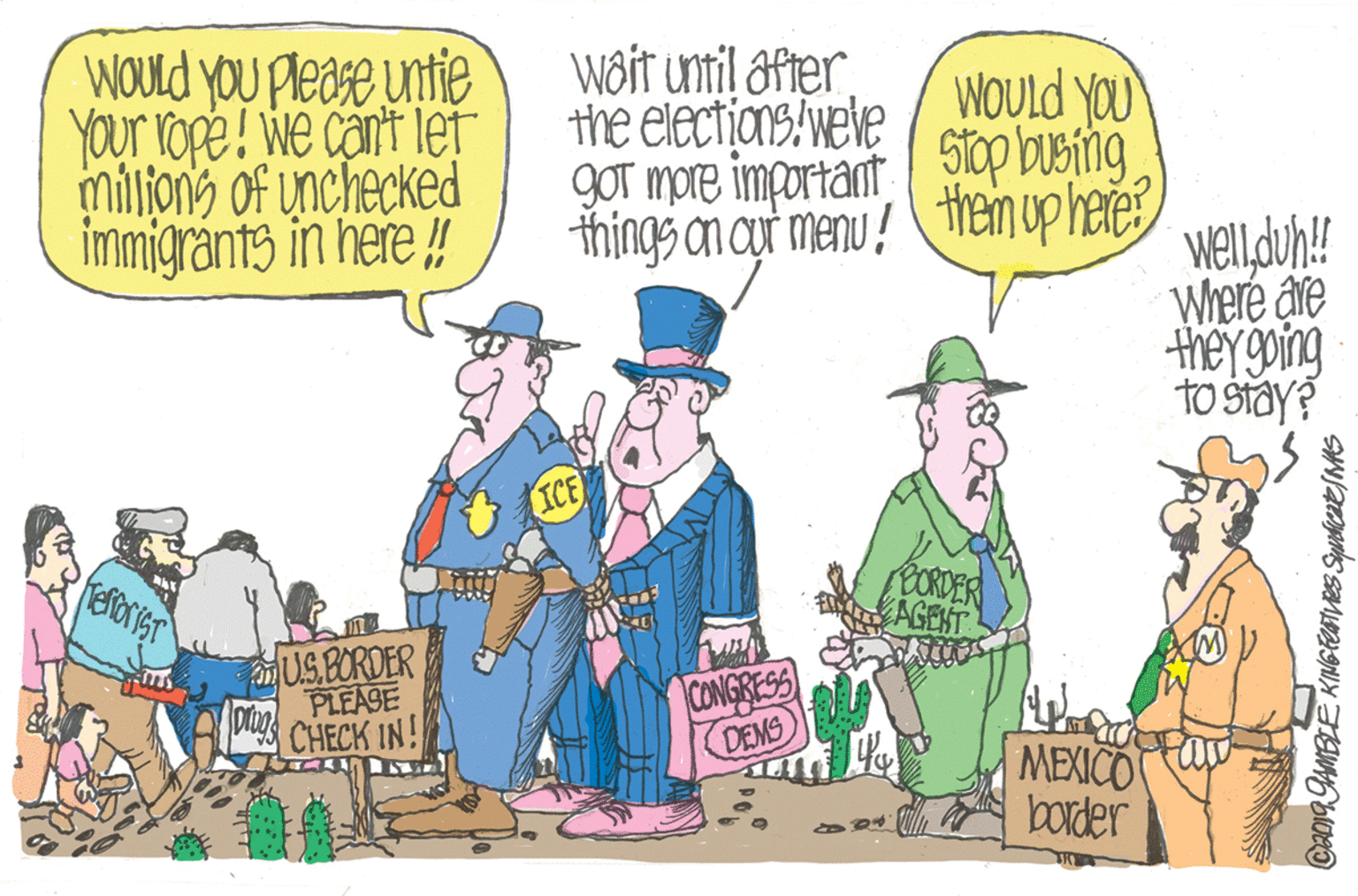 Illustration OCR: WOUld you Please untie YOur vope! we cart letr miljions of unchecked immigrants in here !! WOUld you got more important 5op busing things on cut menu ! them up hete? wôit until after the elections/wele wellduh! Where are they going TO Sray? ICE LCORDER AGENT US.BORDER PLEASE CHECK IN! CONGRESS DEMS MEXICO border WOUld you Please untie YOur vope! we cart letr miljions of unchecked immigrants in here !! WOUld you got more important 5op busing things on cut menu ! them up hete? wôit until after the elections/wele wellduh! Where are they going TO Sray? ICE LCORDER AGENT US.BORDER PLEASE CHECK IN! CONGRESS DEMS MEXICO border