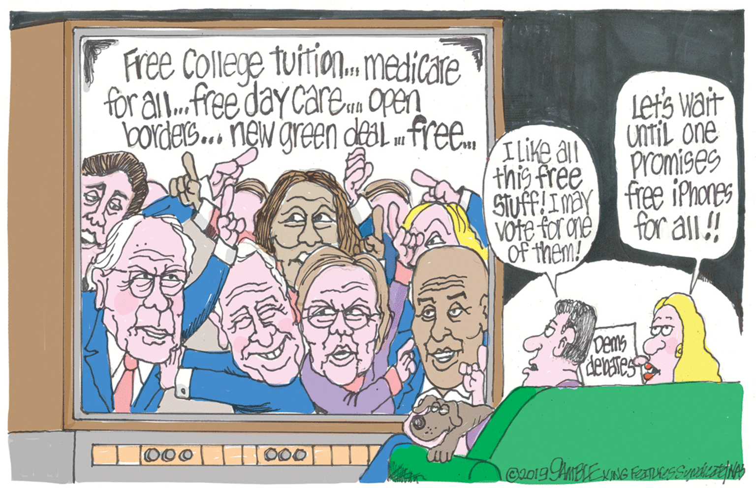 Illustration OCR: Free College tuffio. medicare for al.free day careuOPen bordes... nev green deal „free.m Lets wait ILike an this free Until one Promises STuff Imay free iPhones for all! VOte for ane Of them! Dems denstes 000 O00 Free College tuffio. medicare for al.free day careuOPen bordes... nev green deal „free.m Lets wait ILike an this free Until one Promises STuff Imay free iPhones for all! VOte for ane Of them! Dems denstes 000 O00