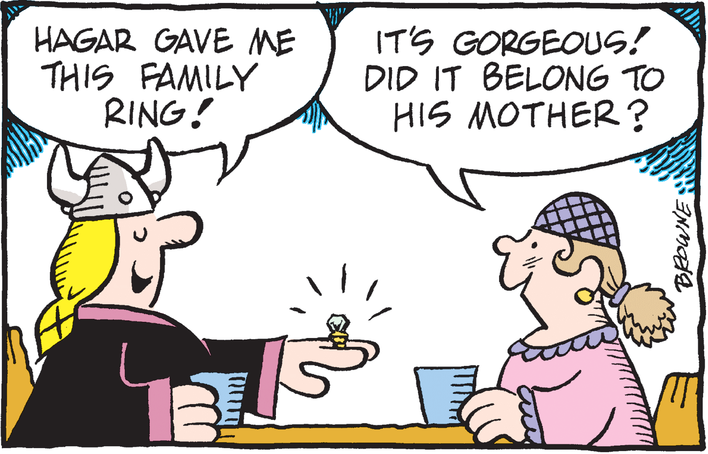 Interaction OCR: HAGAR GAVE ME THIS FAMILY RING! IT'S GORGEOUS! DID IT BELONG TO HIS MOTHER? BROWNE HAGAR GAVE ME THIS FAMILY RING! IT'S GORGEOUS! DID IT BELONG TO HIS MOTHER? BROWNE