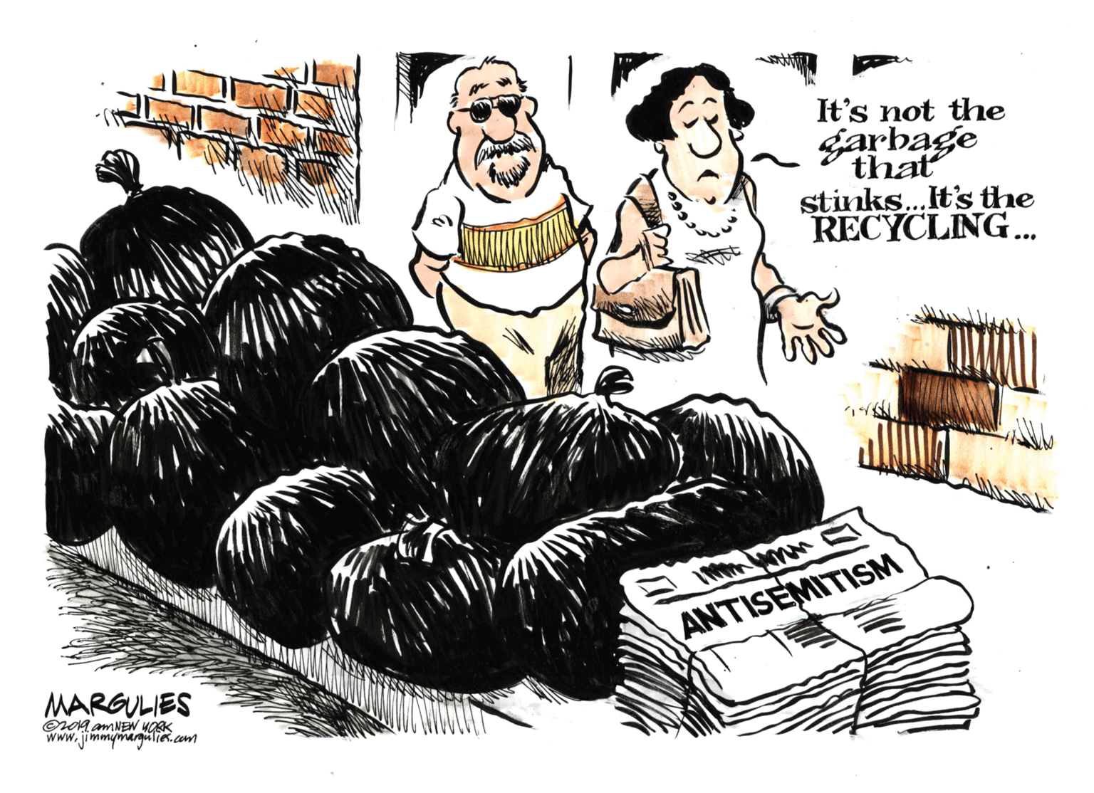 Produce OCR: It's not the garbage that stinks..It's the RECYCLING.. ANTISEMITISM MARGULIES Onoa amNEW HORK www.jimmimarguiia.com It's not the garbage that stinks..It's the RECYCLING.. ANTISEMITISM MARGULIES Onoa amNEW HORK www.jimmimarguiia.com