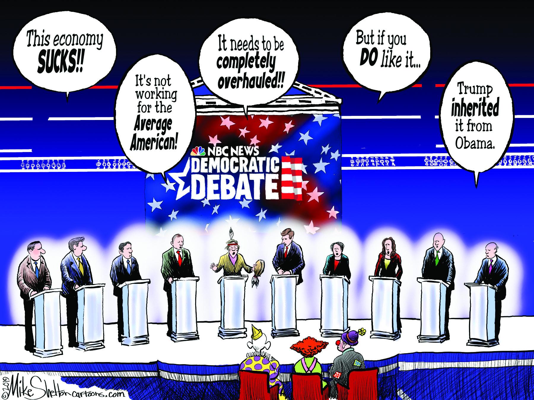 Logo Faces (10) OCR: This economy SUCKS! It needs to be completely overhauled! But if you DO like it. It's not working for the Average American! Trump inherited it from Obama. A NBC NEWS DEMOCRATIC DEBATE Mike etbrcartoons.com This economy SUCKS! It needs to be completely overhauled! But if you DO like it. It's not working for the Average American! Trump inherited it from Obama. A NBC NEWS DEMOCRATIC DEBATE Mike etbrcartoons.com