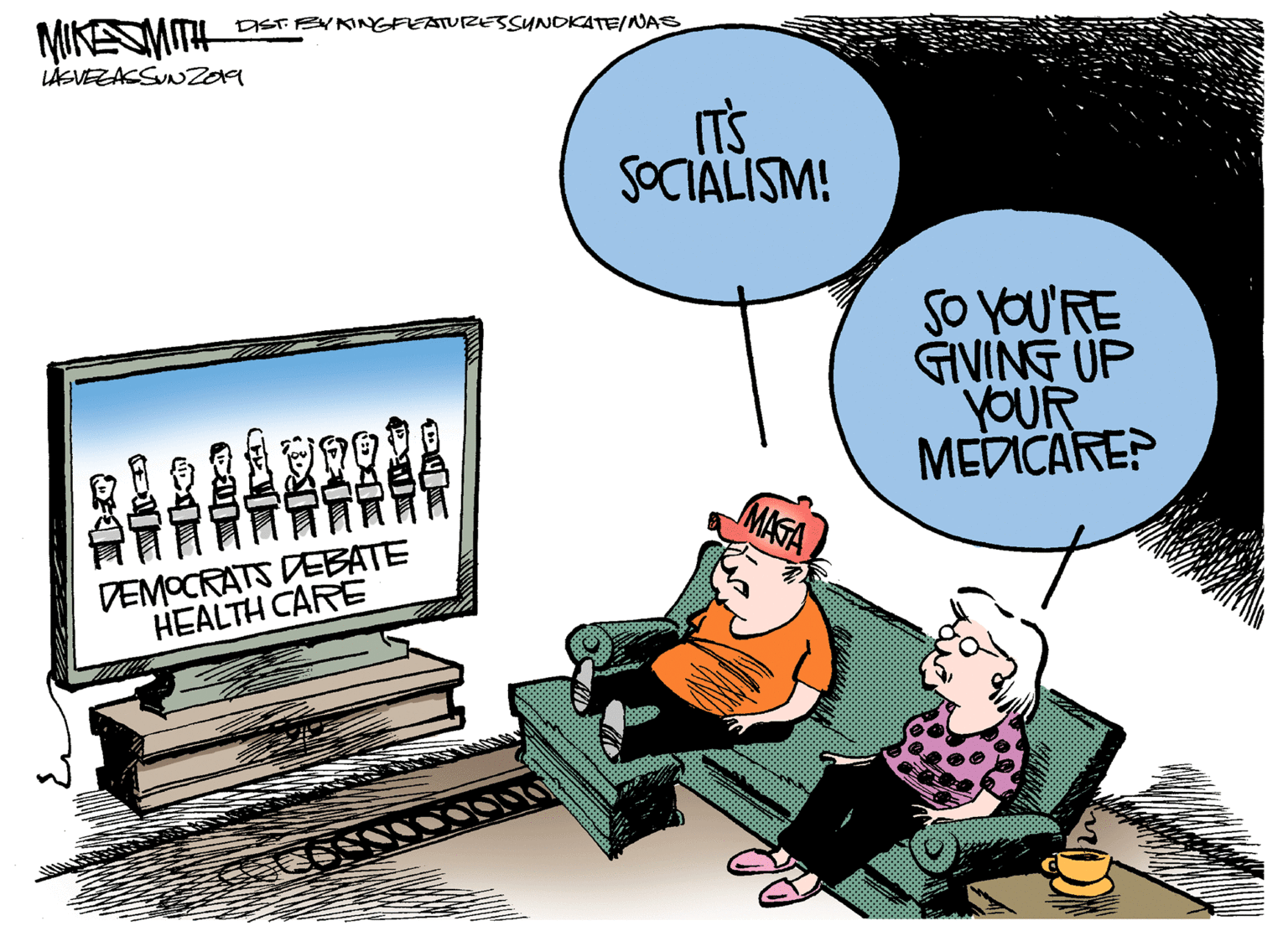 Illustration OCR: DIST EVNINGFEATURESSUNDKATE/NAS MIKESMITH LÁSVEZACSUNZ09 T'S SOCIALISM! SO YOU'RE GIVING UP YOUR MEDICARE? MAGA DEMOCRATS DEBATE HEALTH CARE DIST EVNINGFEATURESSUNDKATE/NAS MIKESMITH LÁSVEZACSUNZ09 T'S SOCIALISM! SO YOU'RE GIVING UP YOUR MEDICARE? MAGA DEMOCRATS DEBATE HEALTH CARE