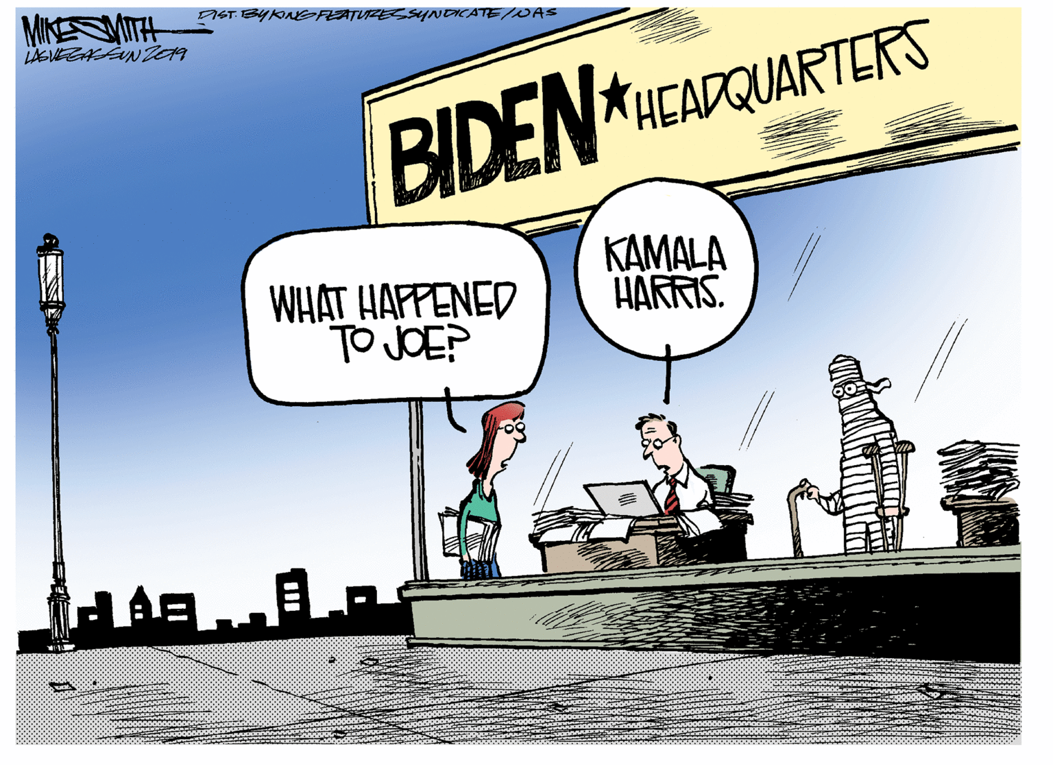 Humour OCR: MIKEMITH DIST BYKNGPEATURESSYNI WAS EADQUARTERS BIDEN* WHAT HAFFENED TO JOE? KAMALA HARRIS. MIKEMITH DIST BYKNGPEATURESSYNI WAS EADQUARTERS BIDEN* WHAT HAFFENED TO JOE? KAMALA HARRIS.