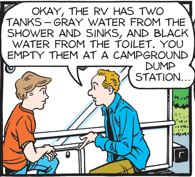 People OCR: OKAYTHE RV HAS TWO TANKS - GRAY WATER FROM THE SHOWER AND SINKSAND BLACK WATER FROM THE TOILET. YOU EMPTY THEM AT A CAMPGROUND DUMP STATION... OKAYTHE RV HAS TWO TANKS - GRAY WATER FROM THE SHOWER AND SINKSAND BLACK WATER FROM THE TOILET. YOU EMPTY THEM AT A CAMPGROUND DUMP STATION...
