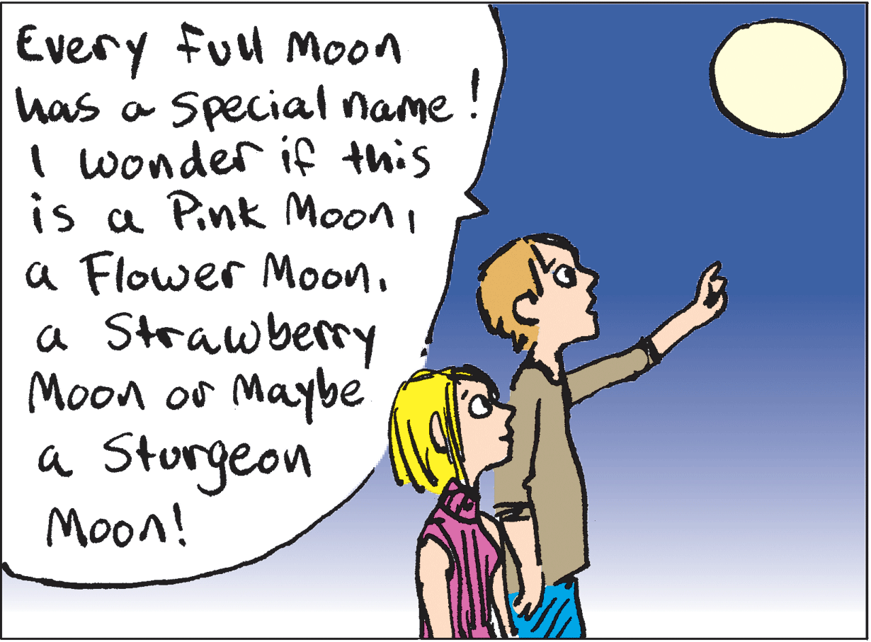 Illustration OCR: Every fuu Moon has a Special name I wonder if this is a Pink Mooni a Flower Moona Strawberry Moon or Maybe a Sturgeon Moon! ! Every fuu Moon has a Special name I wonder if this is a Pink Mooni a Flower Moona Strawberry Moon or Maybe a Sturgeon Moon! !