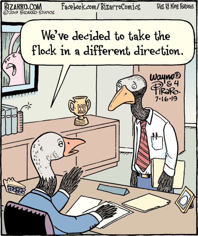 Art OCR: BIZARRO.COM © 2019 BIZARRO STUDIOS Facebook.com/BizarroComics Dist Y King Features We've decided to take the flock in a different direction. Wayno® IR?RO. 7•16.19 BIZARRO.COM © 2019 BIZARRO STUDIOS Facebook.com/BizarroComics Dist Y King Features We've decided to take the flock in a different direction. Wayno® IR?RO. 7•16.19