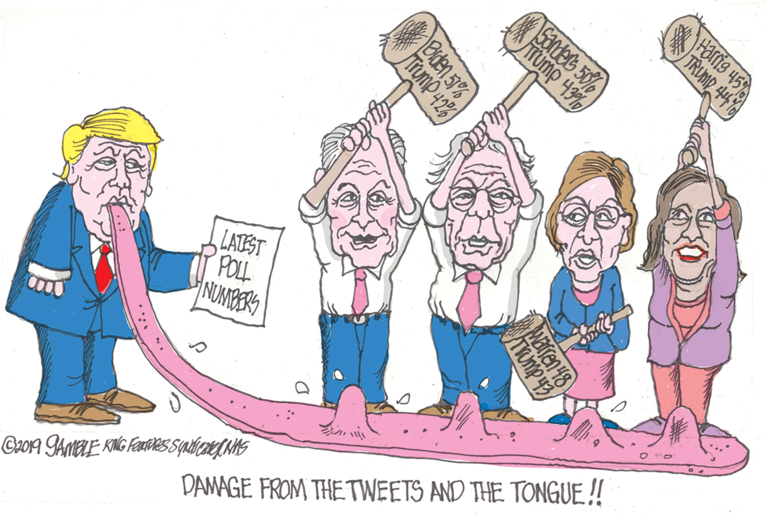 Happy OCR: TRUMP 44% 5andees 50% Tump 43% LATEST POLL NUNMBERS DAMAGE FROM THE TWEETS AND THE TONGUE ! Biden 3% Trump 423) Waren 48 TRUMP 44% 5andees 50% Tump 43% LATEST POLL NUNMBERS DAMAGE FROM THE TWEETS AND THE TONGUE ! Biden 3% Trump 423) Waren 48