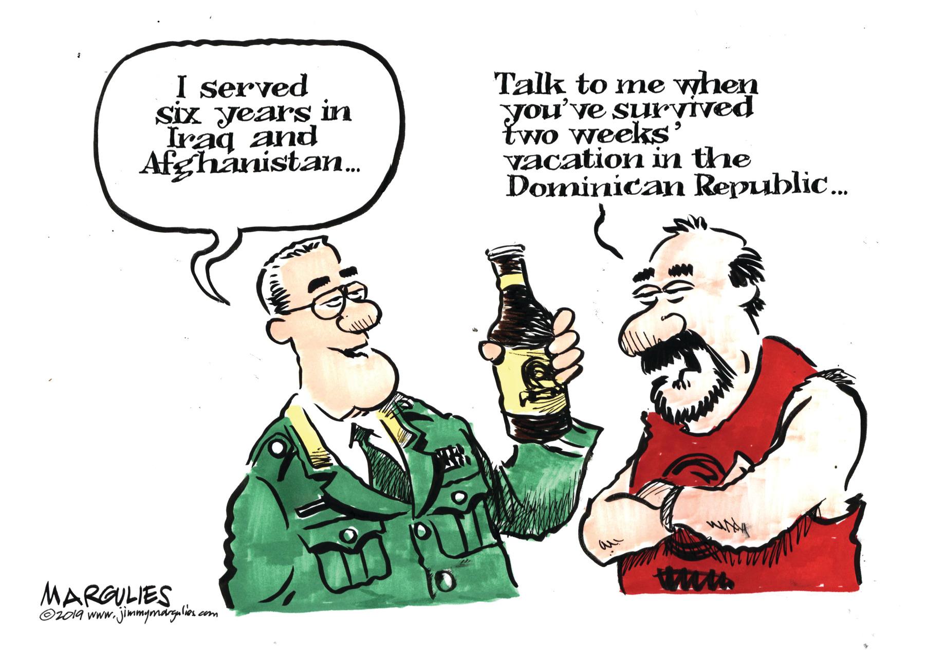 Font OCR: Talk to me when you've survived Ewo weeks' vacation in the Dominican Republic. I served Six years in Afghanistan. pine beai MARGULIES Oio1a www.jimmgmary lies cm Talk to me when you've survived Ewo weeks' vacation in the Dominican Republic. I served Six years in Afghanistan. pine beai MARGULIES Oio1a www.jimmgmary lies cm