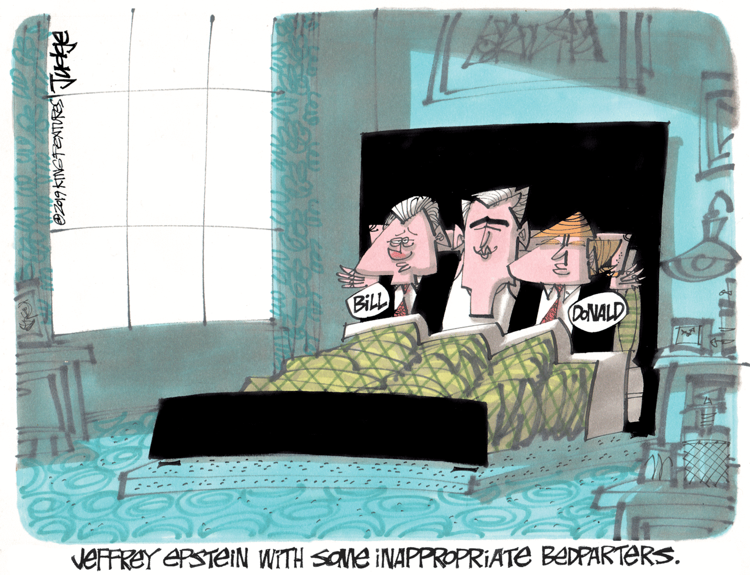 Bed sheet OCR: BILL ONALD "..- VEFFREY EPSTEIN WITH SOne INAPPROPRIATE BEDPARTERS. BILL ONALD "..- VEFFREY EPSTEIN WITH SOne INAPPROPRIATE BEDPARTERS.