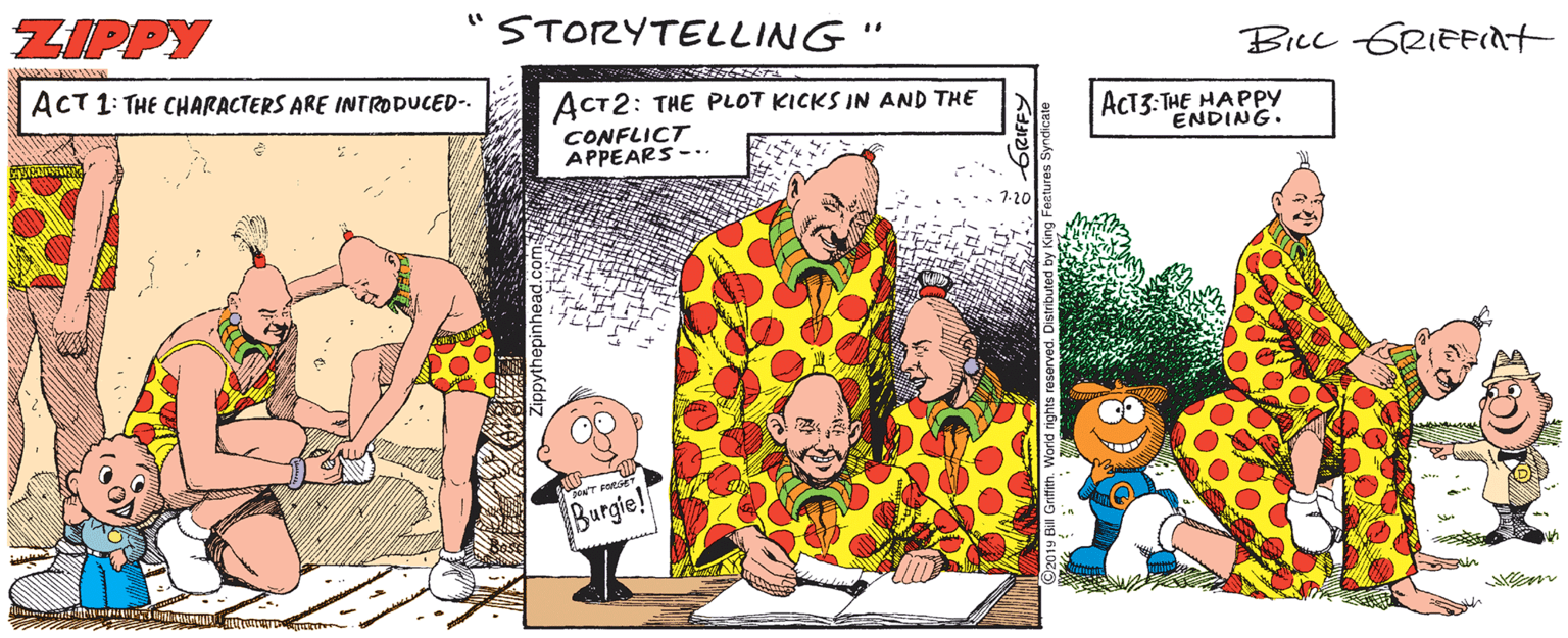 Graphics OCR: ZIPPY STORYTELLING" Bicc GRIEFIdt ACT 1: THE CHARACTERS ARE INTRODUCED-. ACT2: THE PLOT KICKS IN AND THE CONFLICT APPEARS -. AcT3:THE HAPPY ENDING. Burgie! ZIPPY STORYTELLING" Bicc GRIEFIdt ACT 1: THE CHARACTERS ARE INTRODUCED-. ACT2: THE PLOT KICKS IN AND THE CONFLICT APPEARS -. AcT3:THE HAPPY ENDING. Burgie!