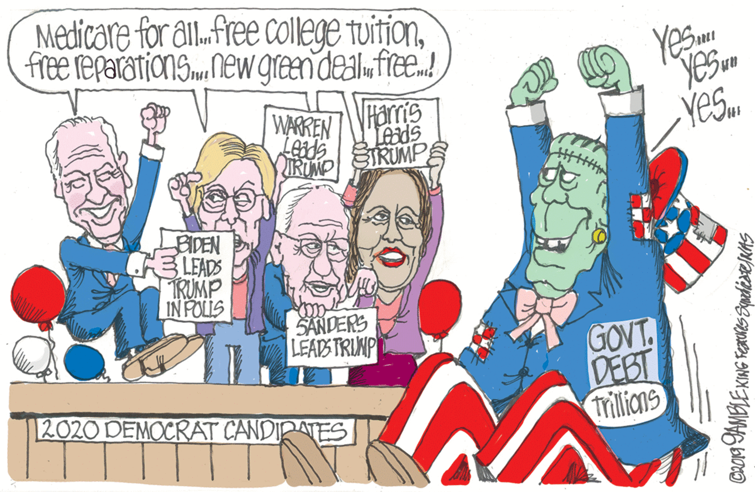 Illustration OCR: Medicare for all.free college tuitionfree reparations.m. neW green dealw free.! WARREN NHarris Leads TRUMO SIRUMP EIDEN GELEADS RUMP IN POLIS SANDERS LEADS TRUNP GOVT DEBT Trillicns 2020 DEMOCRAT CANDIRATES Medicare for all.free college tuitionfree reparations.m. neW green dealw free.! WARREN NHarris Leads TRUMO SIRUMP EIDEN GELEADS RUMP IN POLIS SANDERS LEADS TRUNP GOVT DEBT Trillicns 2020 DEMOCRAT CANDIRATES