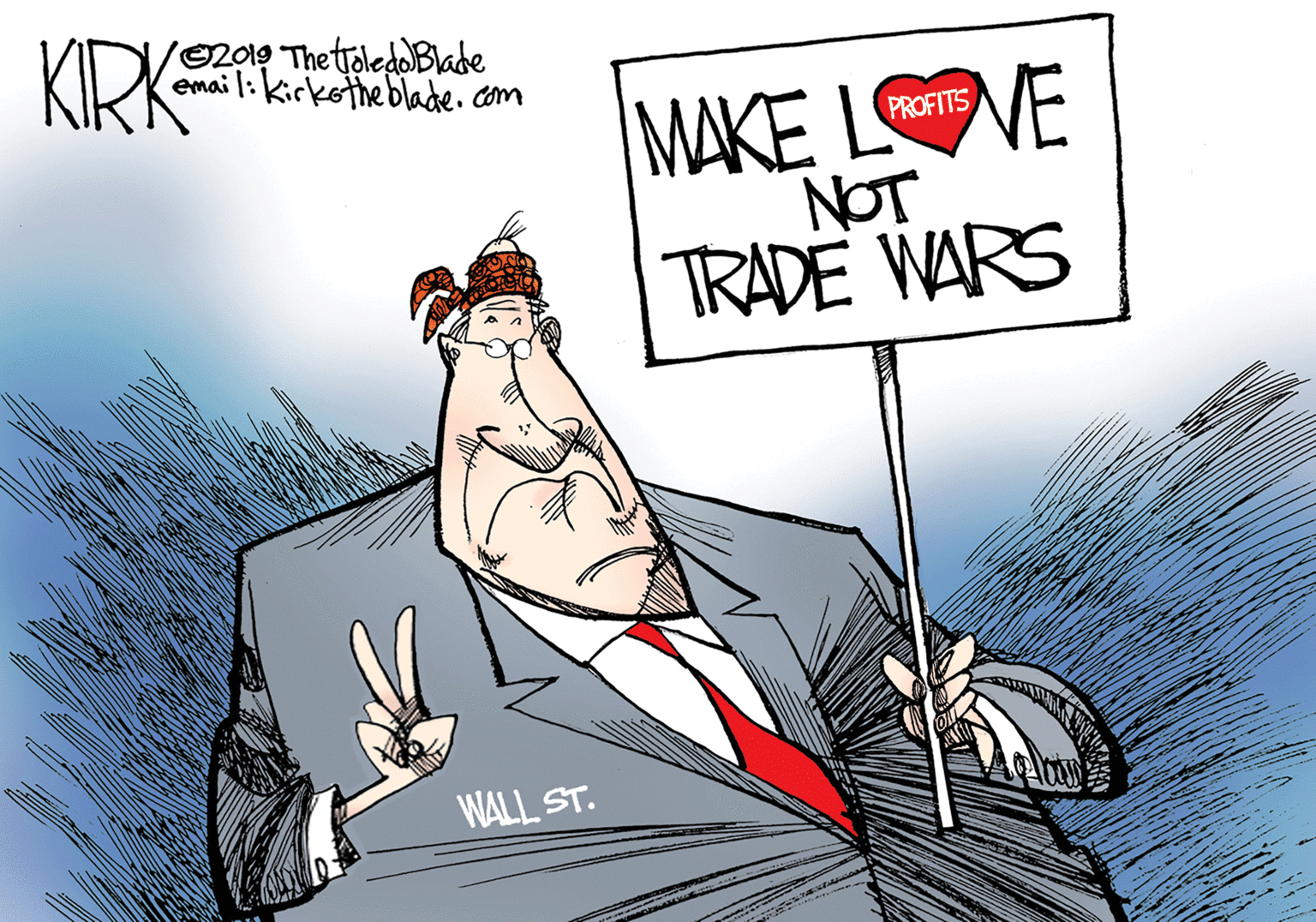 Graphics OCR: KIRK (02019 The troledoBlade emai l:kirkothe blade. com MAKE LVE NOT TRADE WARS PROFITS WALL ST. KIRK (02019 The troledoBlade emai l:kirkothe blade. com MAKE LVE NOT TRADE WARS PROFITS WALL ST.