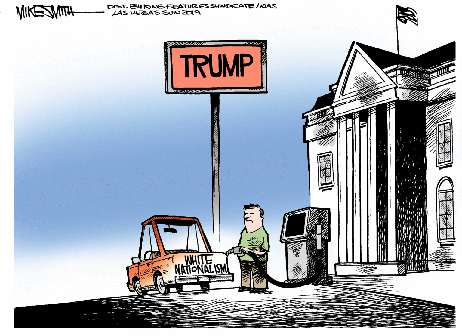 Vehicle OCR: MIKESMITH DIST. BUKNGFEATURESSUNDCATE/NAS LAS VEZAS SUD a09 TRUMP WHITE NATIONAL ISM MIKESMITH DIST. BUKNGFEATURESSUNDCATE/NAS LAS VEZAS SUD a09 TRUMP WHITE NATIONAL ISM