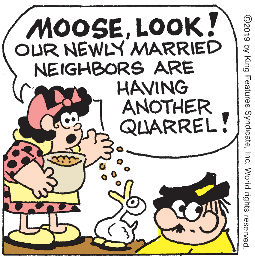 Graphics OCR: MOOSELOOK OUR NEWLY MARRIED NEIGHBORS ARE HAVING ANOTHER QUARREL! ©2019 by King Features SyndicateInc. World rights reserved. MOOSELOOK OUR NEWLY MARRIED NEIGHBORS ARE HAVING ANOTHER QUARREL! ©2019 by King Features SyndicateInc. World rights reserved.