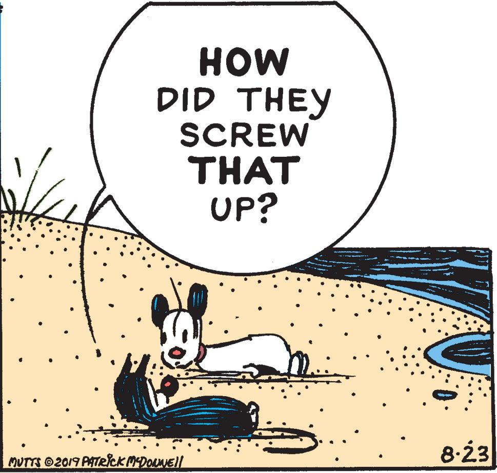Pleased OCR: HOW DID THEY SCREW THAT UP? 8-23 MUTTS ©2019 PATeick MDOLNEll HOW DID THEY SCREW THAT UP? 8-23 MUTTS ©2019 PATeick MDOLNEll