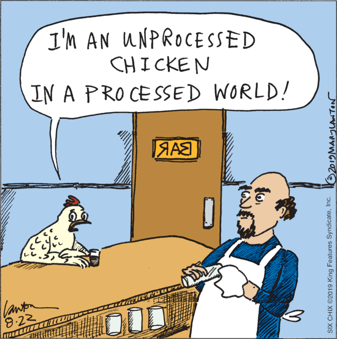 Rectangle OCR: I'm AN UNPROCESSED CHICKEN IN A PRO CESSED WORLD! lans 8.22 SIX CHIX ©2019 King Features SyndicateInc. 2019MARJLANTON I'm AN UNPROCESSED CHICKEN IN A PRO CESSED WORLD! lans 8.22 SIX CHIX ©2019 King Features SyndicateInc. 2019MARJLANTON