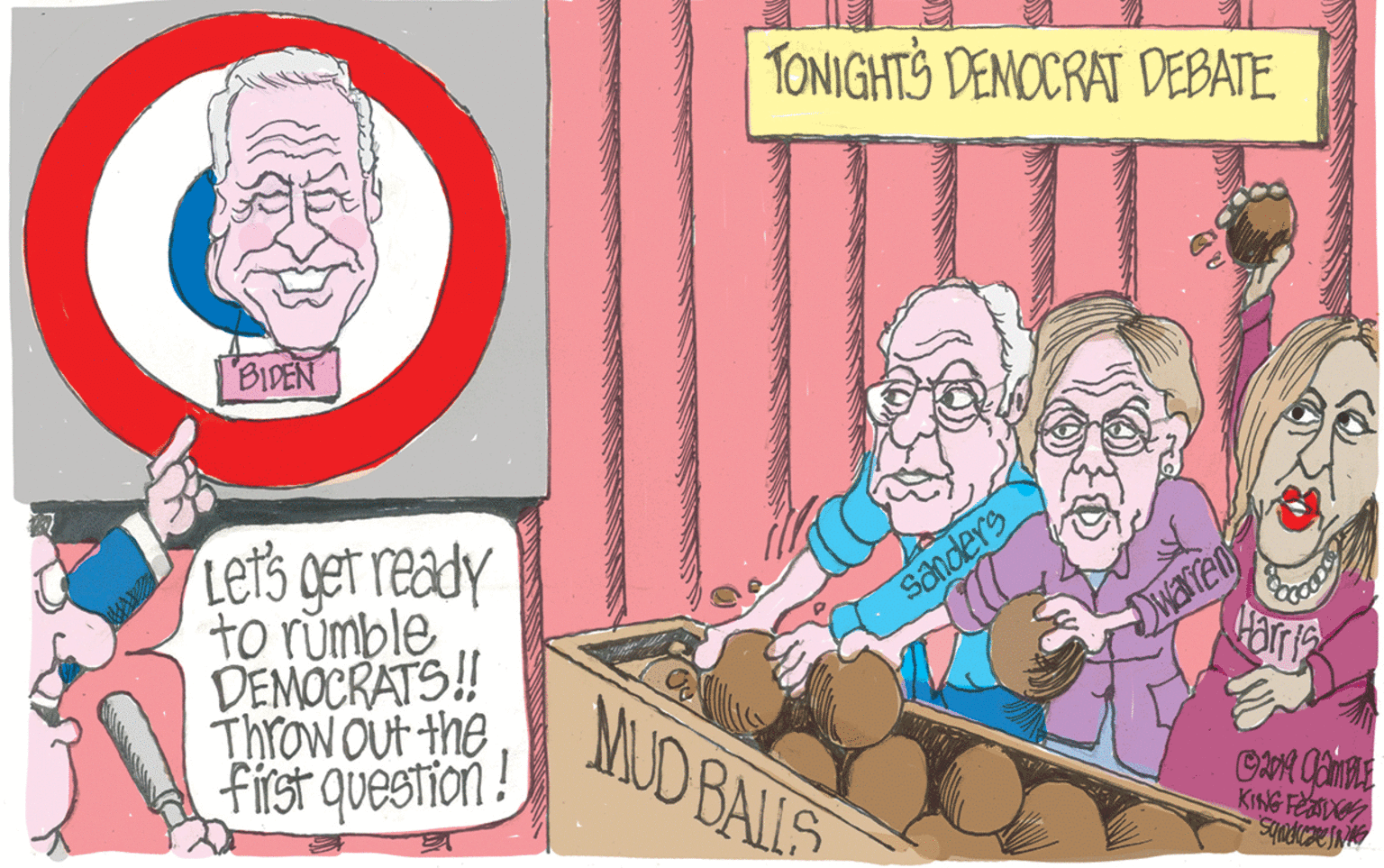 Comic book OCR: TONIGHTS DEMOCRAT DEBATE BIDEN Let's get ready to rumble DEMOCRATS! Throw out the First question! warren Har Sanders MUD BALS KING FEaSDO TONIGHTS DEMOCRAT DEBATE BIDEN Let's get ready to rumble DEMOCRATS! Throw out the First question! warren Har Sanders MUD BALS KING FEaSDO