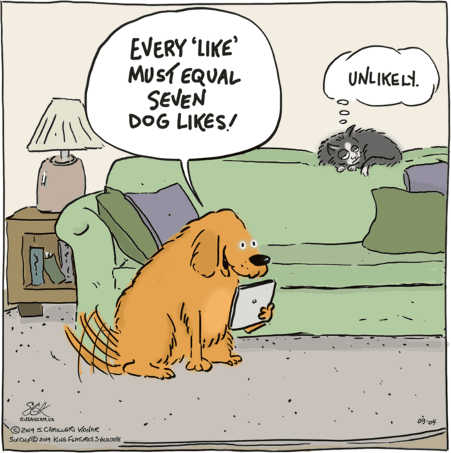 Snout OCR: EVERY 'LIKE MusT EQUAL SEVEN DOG LIKES! UNLIKELY. SEK SUSANCAM.CA 09-04 2019 5.CAmuLERI KONAR SKCHU© 2019 KNG FEATURES SYNOXcaTE 0 00 EVERY 'LIKE MusT EQUAL SEVEN DOG LIKES! UNLIKELY. SEK SUSANCAM.CA 09-04 2019 5.CAmuLERI KONAR SKCHU© 2019 KNG FEATURES SYNOXcaTE 0 00
