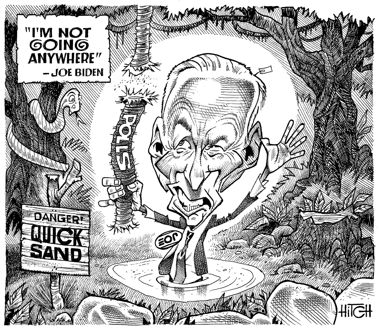 Graphics OCR: "I'M NOT GOING ANYWHERE" JOE BIDEN DANGER! QUICK SAND HilGH "I'M NOT GOING ANYWHERE" JOE BIDEN DANGER! QUICK SAND HilGH