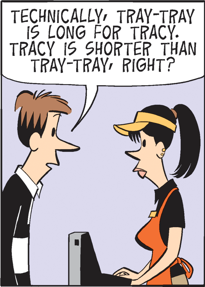 Clip art OCR: TECHNICALLYTRAY-TRAY IS LONG FOR TRACY. TRACY IS SHORTER THAN TRAY-TRAYRIGHT? TECHNICALLYTRAY-TRAY IS LONG FOR TRACY. TRACY IS SHORTER THAN TRAY-TRAY