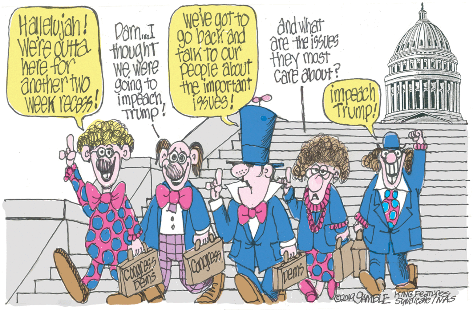 Comic book OCR: Halleljah! Were duita thought here for another twogoing to week reces impeachweie got to DamunI go back and foIk to aur and what are the i9sues We Were peopie about they most the important TrUmp? CarË ?DOUT? impeach Trump! DEMS Gwad KING Feanyee Halleljah! Were duita thought here for another twogoing to week reces impeachweie got to DamunI go back and foIk to aur and what are the i9sues We Were peopie about they most the important TrUmp? CarË ?DOUT? impeach Trump! DEMS Gwad KING Feanyee