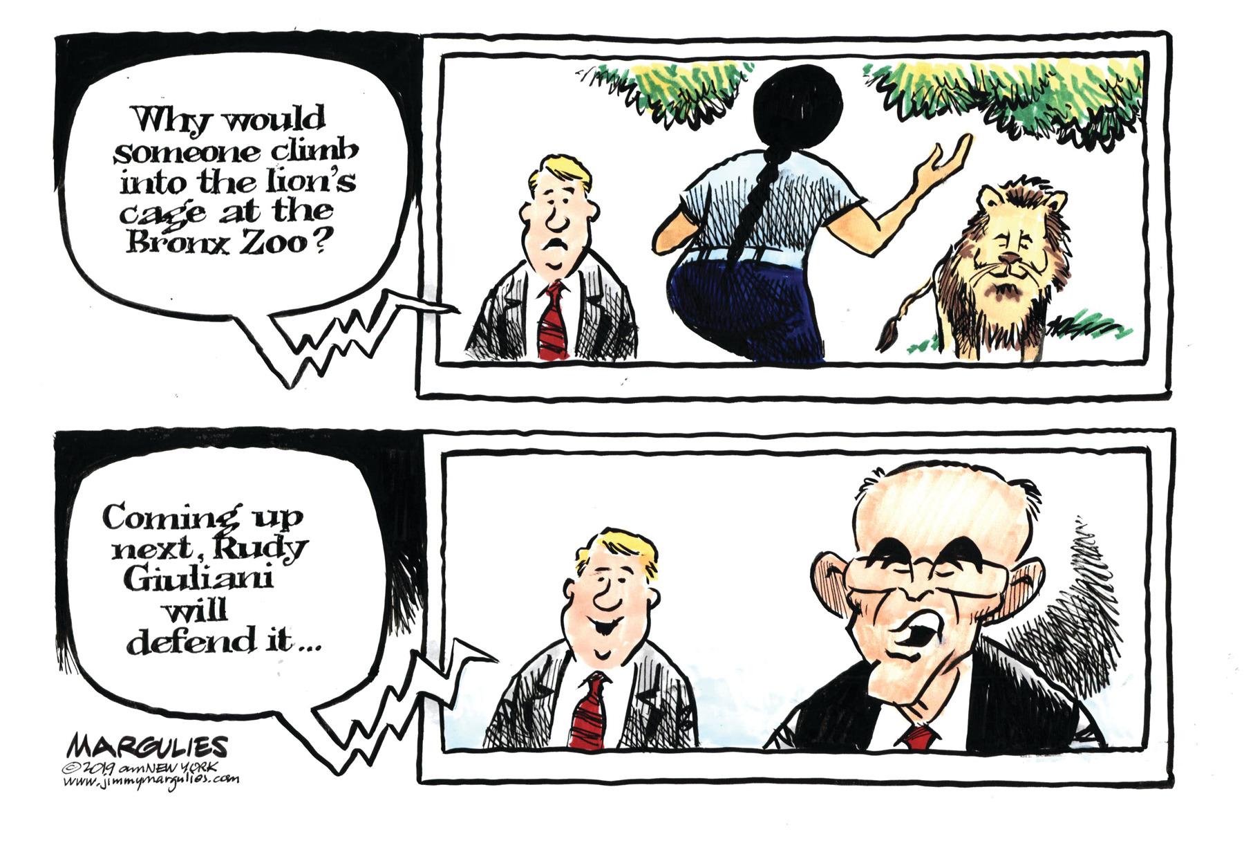 Font OCR: Why would SOmeone climb into the lion's cage at the Bronx Zoo? Coming up nextRudy Giuliani will defend it.. MARGULIES O09 amNEW YORK www.jimmynargulies.com Why would SOmeone climb into the lion's cage at the Bronx Zoo? Coming up nextRudy Giuliani will defend it.. MARGULIES O09 amNEW YORK www.jimmynargulies.com