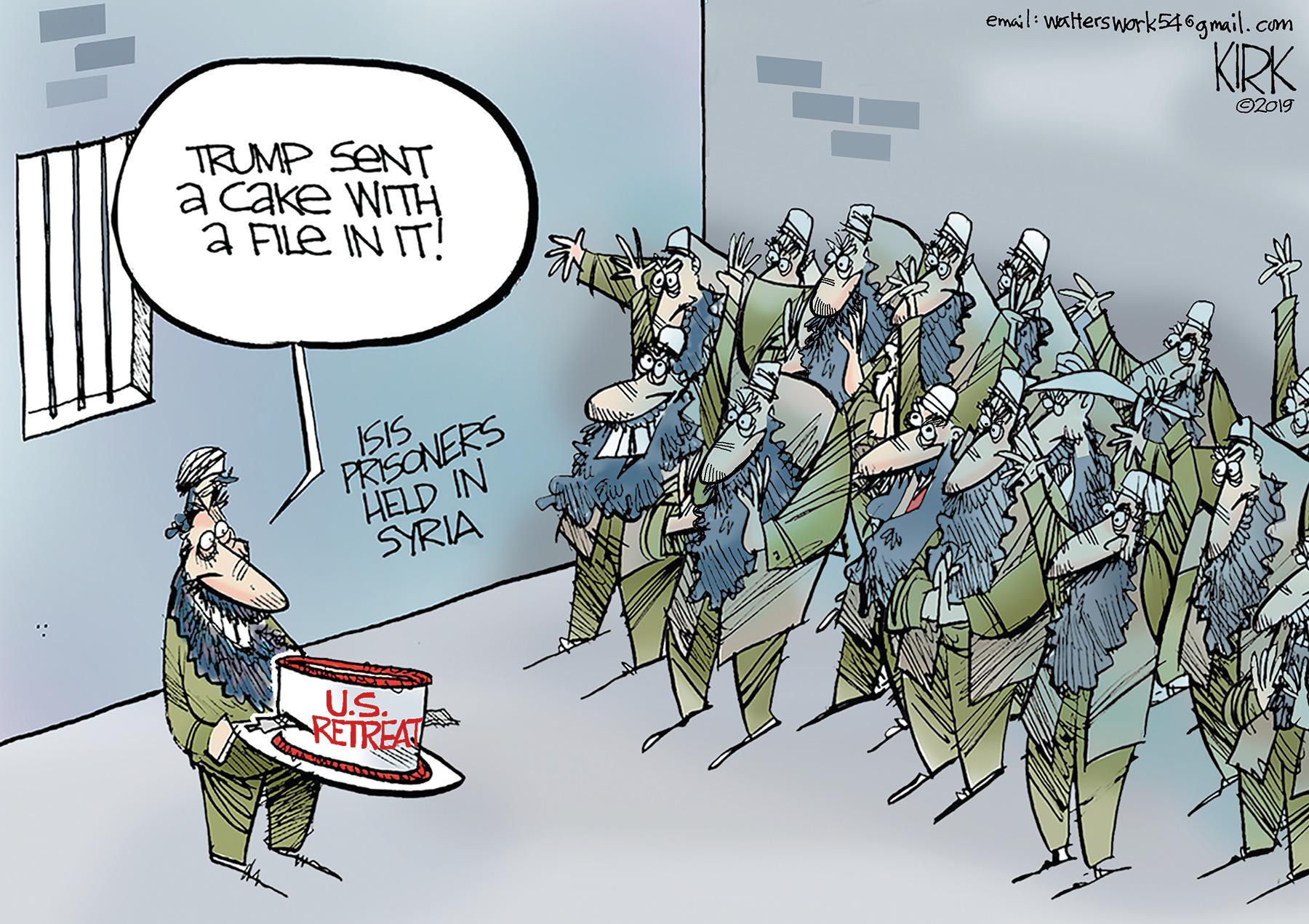 Illustration OCR: email: waterswork546gmail.com KRK TRUMP SENT a Cake WITH a FILE IN IT! ©2019 SIS PRISONERS HELD IN SYRIA U.S. RETREA email: waterswork546gmail.com KRK TRUMP SENT a Cake WITH a FILE IN IT! ©2019 SIS PRISONERS HELD IN SYRIA U.S. RETREA