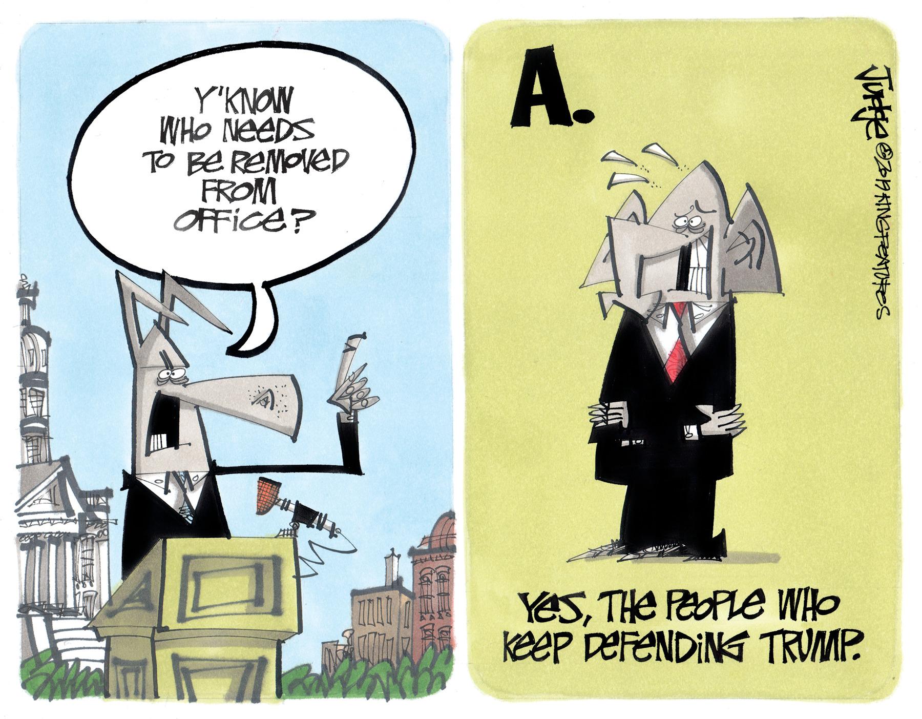 Graphics OCR: A. Y'KNOW WHO NEEDS TO BE REMOVED FROM OFFICE? YeSTHE PEOPLE WHO Keep DEFENDING TRUMP A. Y'KNOW WHO NEEDS TO BE REMOVED FROM OFFICE? YeSTHE PEOPLE WHO Keep DEFENDING TRUMP