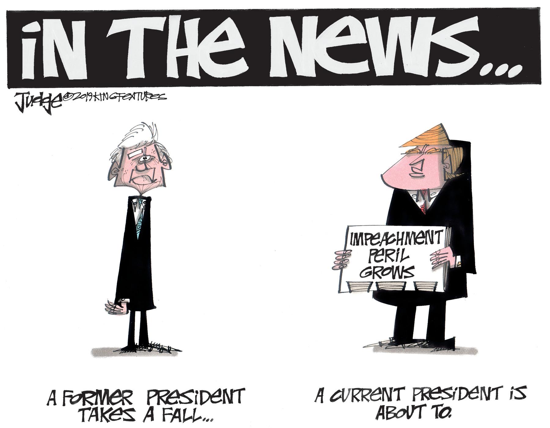 Pattern OCR: IN THE NEWS. MPEACHMENT PERIL GROWS A FORMER PRASIDENT TAKES A FALL.. A CURRENT PRESIDENT IS ABOUT TO IN THE NEWS. MPEACHMENT PERIL GROWS A FORMER PRASIDENT TAKES A FALL.. A CURRENT PRESIDENT IS ABOUT TO