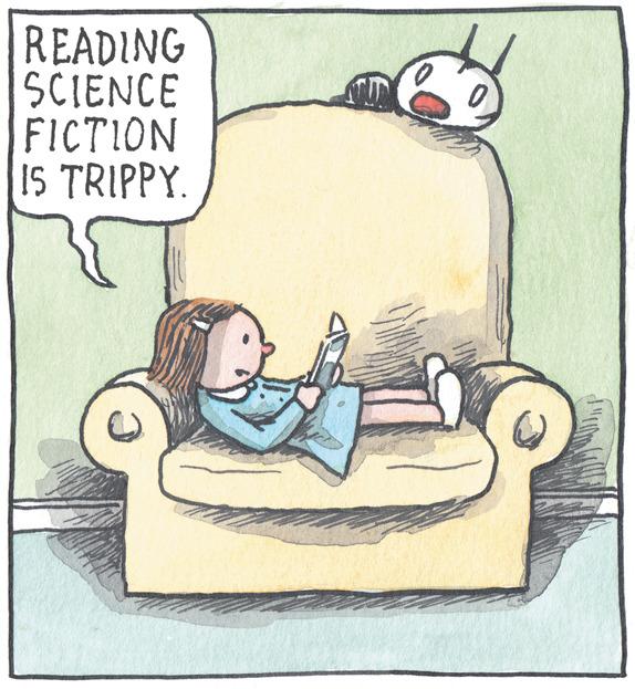 Graphics OCR: READING SCIENCE FICTION IS TRIPPY. READING SCIENCE FICTION IS TRIPPY.